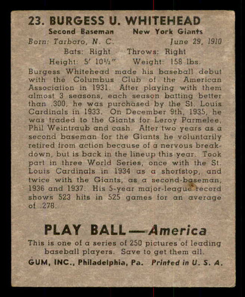 1939 Play Ball #023 Burgess Whitehead Giants GD-VG 558146