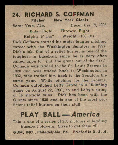 1939 Play Ball #024 Dick Coffman Giants EX-MT 558147