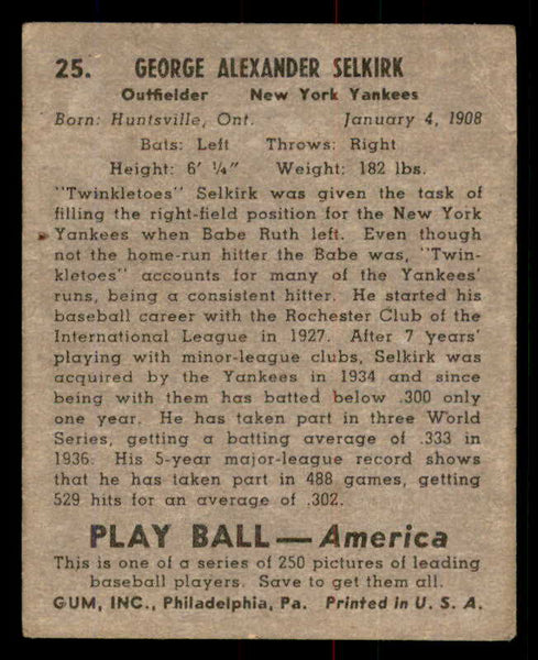 1939 Play Ball #025 George Selkirk Yankees VG 558148
