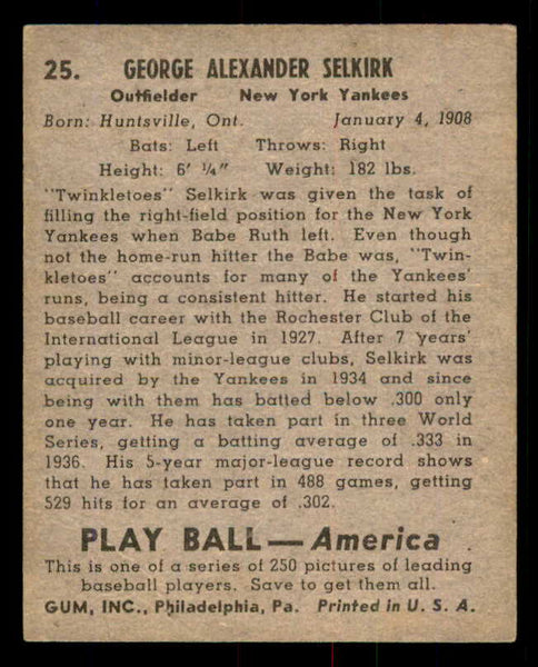 1939 Play Ball #025 George Selkirk Yankees GD-VG 558149