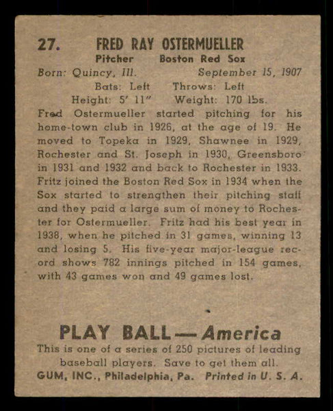 1939 Play Ball #027 Fritz Ostermueller Red Sox VG-EX 558151