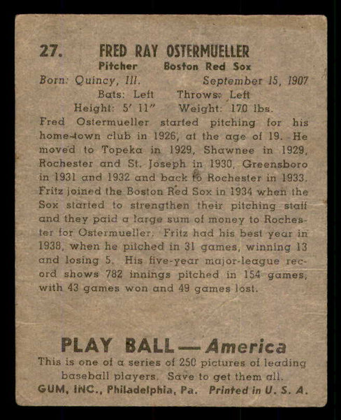 1939 Play Ball #027 Fritz Ostermueller Red Sox FR-GD 558153