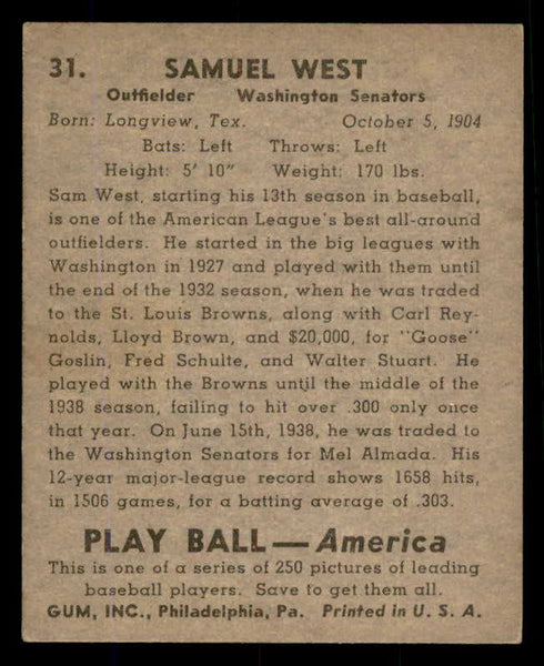 1939 Play Ball #031 Sam West Senators EX-MT 558158