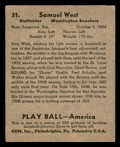 1939 Play Ball #031 Sam West Senators VG-EX 558159