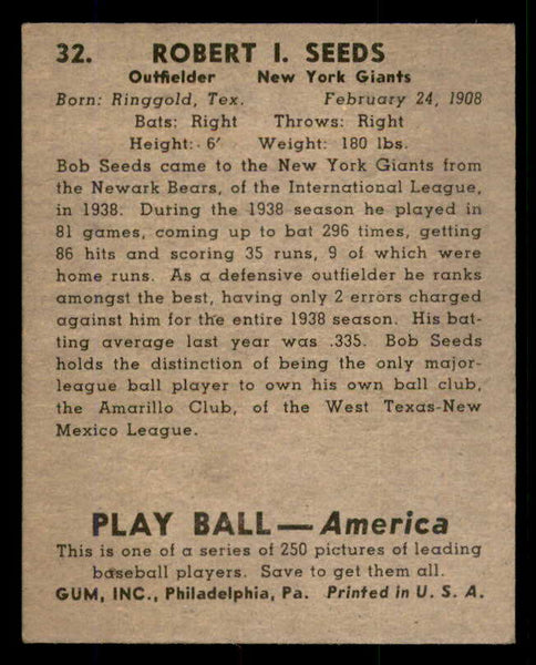 1939 Play Ball #032 Bob Seeds Giants EX-MT 558162