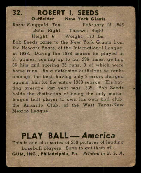 1939 Play Ball #032 Bob Seeds Giants VG 558163