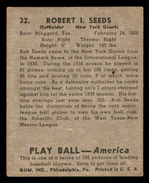 1939 Play Ball #032 Bob Seeds Giants VG 558164