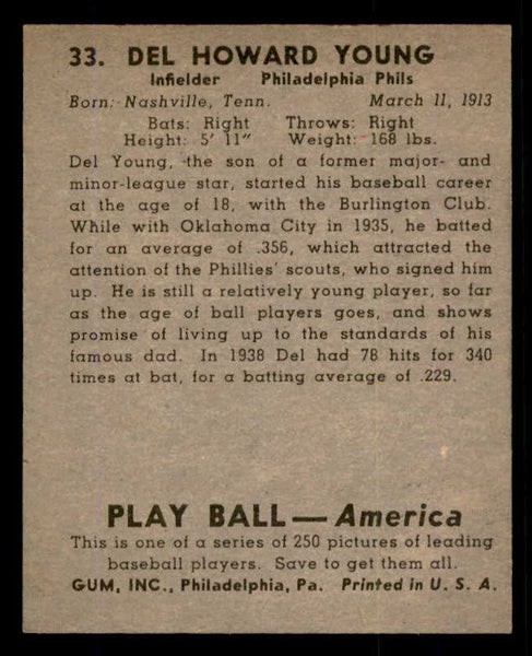 1939 Play Ball #033 Del Young Phillies EX-MT 558165