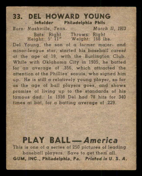 1939 Play Ball #033 Del Young Phillies VG 558166