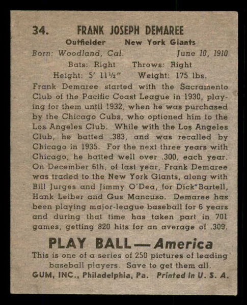 1939 Play Ball #034 Frank Demaree Giants NR-MT 558167
