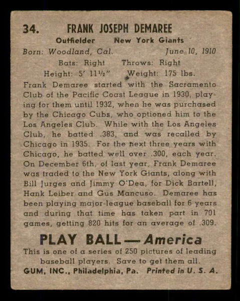 1939 Play Ball #034 Frank Demaree Giants VG-EX 558168