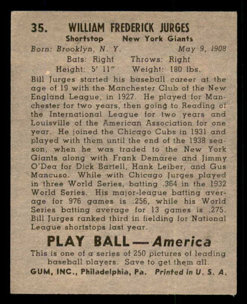 1939 Play Ball #035 Billy Jurges Giants EX-MT 558170