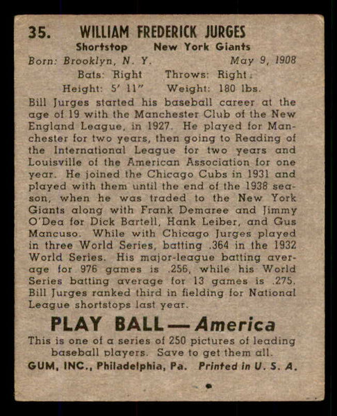 1939 Play Ball #035 Billy Jurges Giants VG 558171