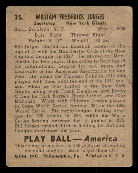 1939 Play Ball #035 Billy Jurges Giants VG 558172