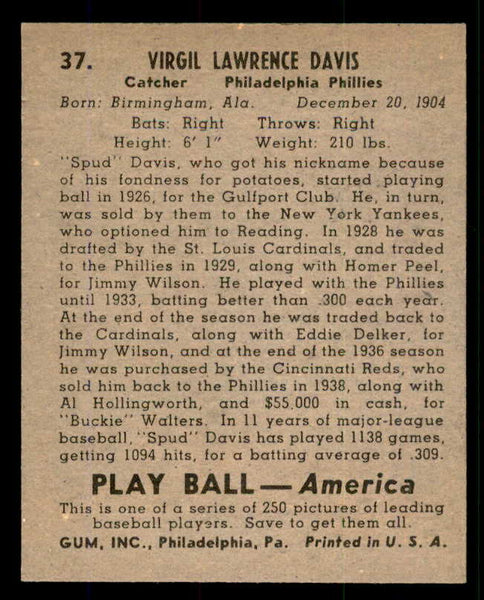 1939 Play Ball #037 Spud Davis Phillies EX-MT 558176