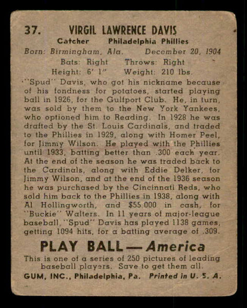 1939 Play Ball #037 Spud Davis Phillies Good 558178