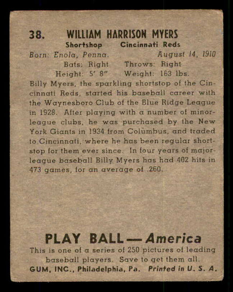1939 Play Ball #038 Billy Myers Reds VG 558181