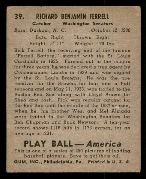 1939 Play Ball #039 Rick Ferrell Senators VG-EX 558183