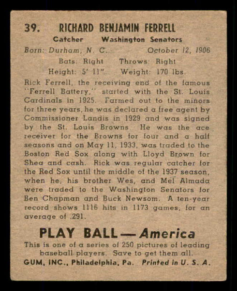 1939 Play Ball #039 Rick Ferrell Senators VG 558184
