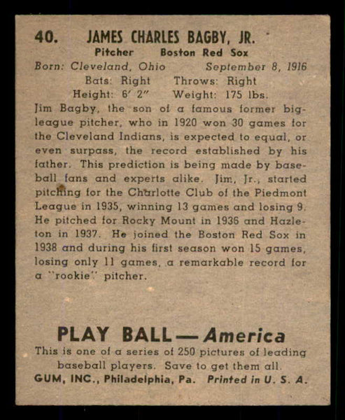 1939 Play Ball #040 Jim Bagby Red Sox EX 558185