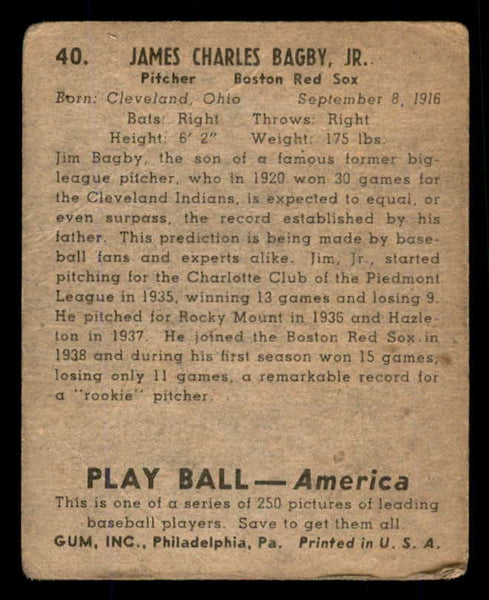 1939 Play Ball #040 Jim Bagby Red Sox Good 558186