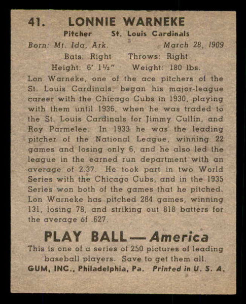 1939 Play Ball #041 Lon Warneke Cardinals NR-MT 558187