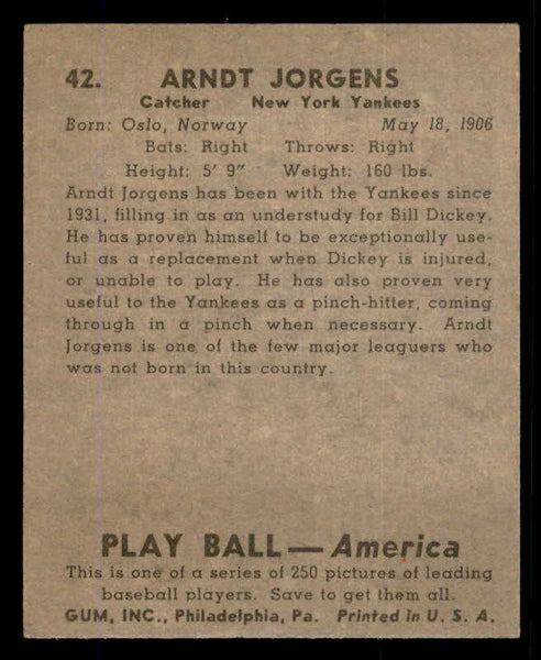 1939 Play Ball #042 Art Jorgens Yankees EX 558188