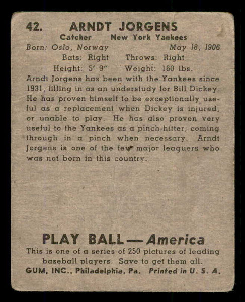 1939 Play Ball #042 Art Jorgens Yankees FR-GD/GD 558189