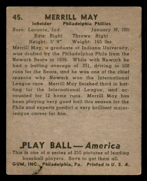 1939 Play Ball #045 Pinky May Phillies VG 558194