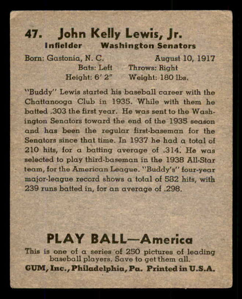 1939 Play Ball #047 Buddy Lewis Senators VG-EX 558199