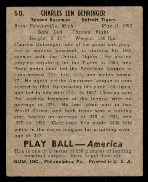 1939 Play Ball #050 Charles Gehringer Tigers VG-EX 558204
