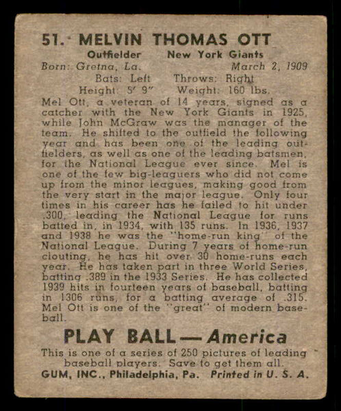 1939 Play Ball #051 Mel Ott Giants VG 558205