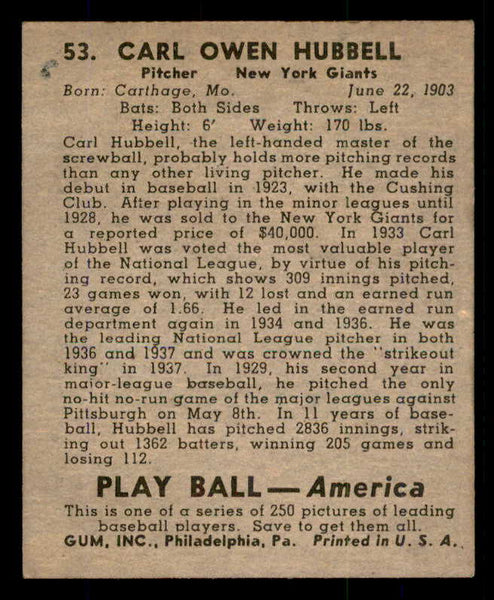 1939 Play Ball #053 Carl Hubbell Giants EX 558207