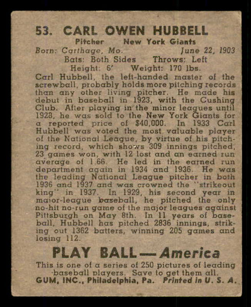 1939 Play Ball #053 Carl Hubbell Giants VG-EX 558208