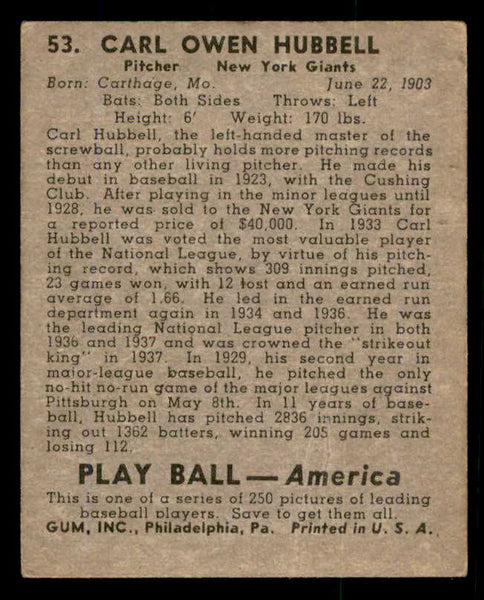 1939 Play Ball #053 Carl Hubbell Giants VG 558209
