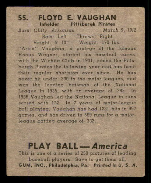 1939 Play Ball #055 Arky Vaughan Pirates VG-EX 558213