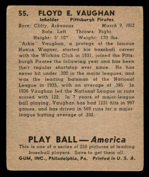 1939 Play Ball #055 Arky Vaughan Pirates VG 558214