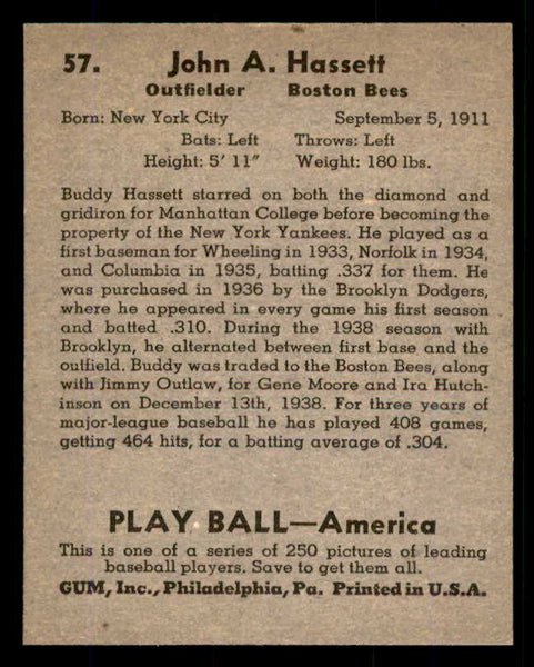 1939 Play Ball #057 Buddy Hassett Braves NR-MT 558215