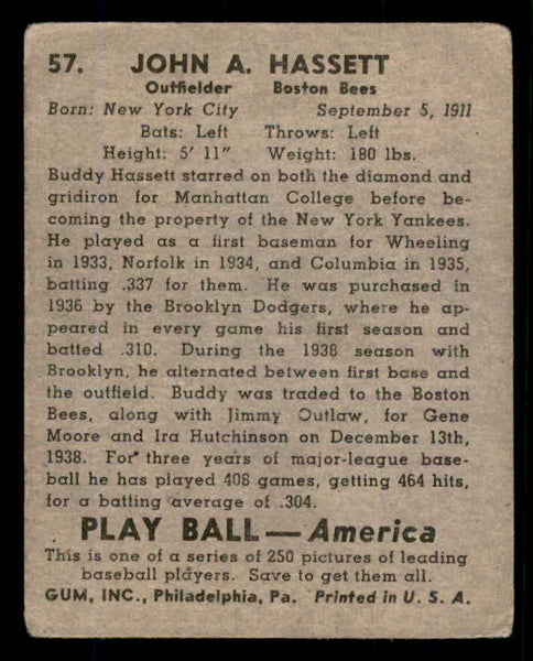 1939 Play Ball #057 Buddy Hassett Braves GD/GD-VG 558217