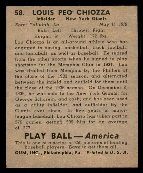 1939 Play Ball #058 Lou Chiozza Giants EX 558218