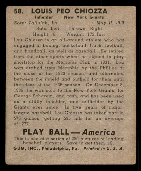 1939 Play Ball #058 Lou Chiozza Giants VG-EX 558219