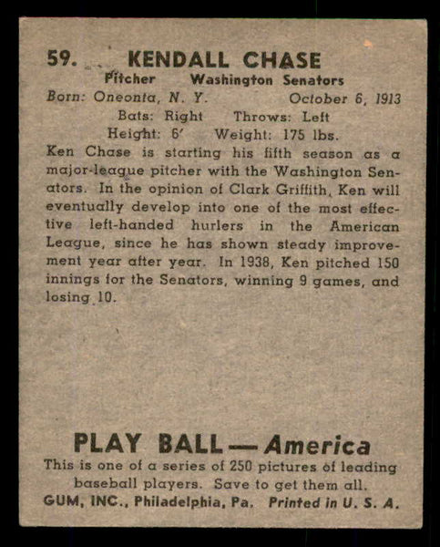 1939 Play Ball #059 Ken Chase Senators EX 558221