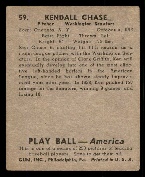 1939 Play Ball #059 Ken Chase Senators VG/VG-EX 558222