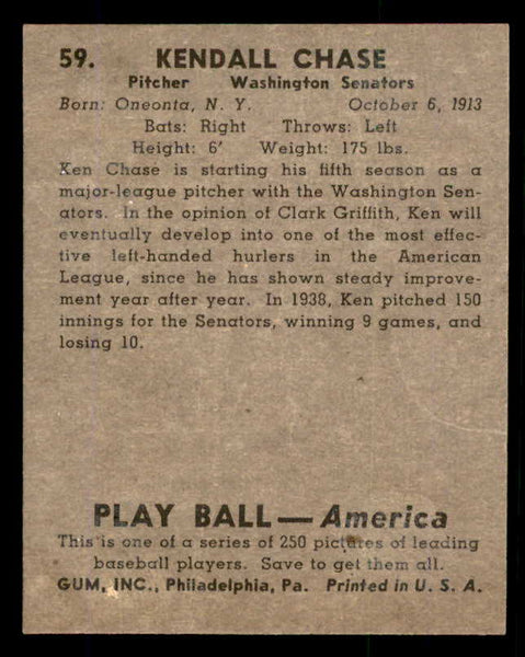 1939 Play Ball #059 Ken Chase Senators GD-VG 558223