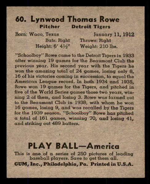 1939 Play Ball #060 Schoolboy Rowe Tigers EX-MT 558224