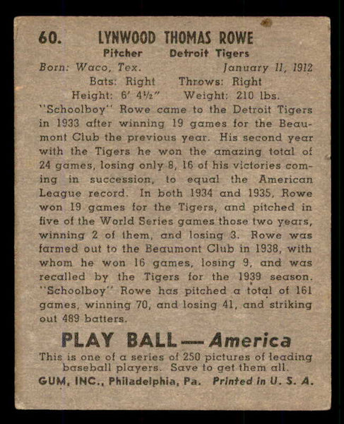 1939 Play Ball #060 Schoolboy Rowe Tigers VG-EX 558225