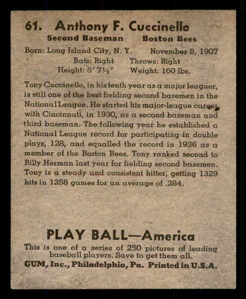 1939 Play Ball #061 Tony Cuccinello Braves EX-MT 558226