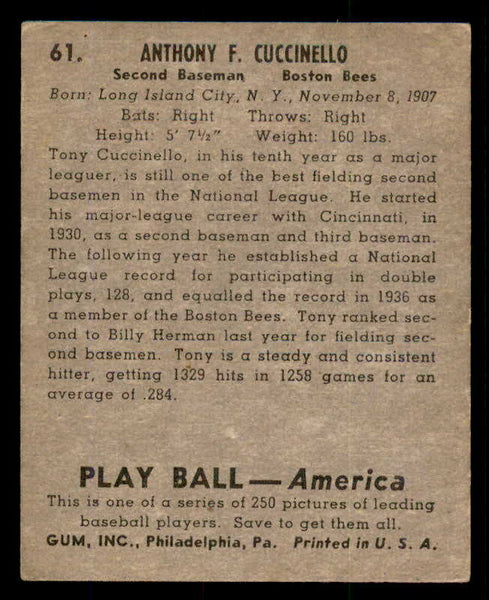 1939 Play Ball #061 Tony Cuccinello Braves VG-EX 558227