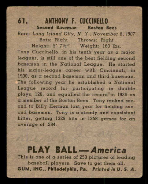 1939 Play Ball #061 Tony Cuccinello Braves VG-EX 558228