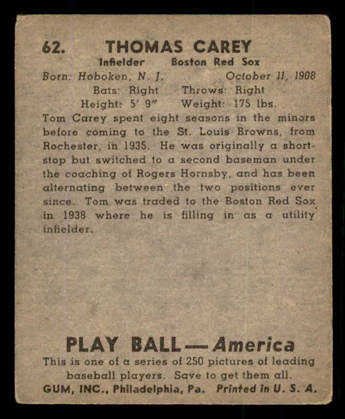 1939 Play Ball #062 Tom Carey Red Sox VG 558230